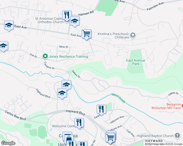 map of restaurants, bars, coffee shops, grocery stores, and more near 2509 Lancaster Court in Hayward