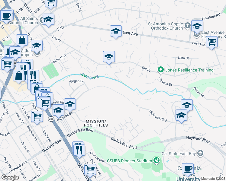 map of restaurants, bars, coffee shops, grocery stores, and more near 1420 Highland Boulevard in Hayward