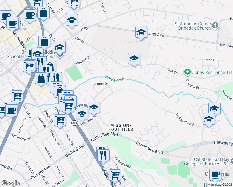 map of restaurants, bars, coffee shops, grocery stores, and more near 1244 Highland Boulevard in Hayward