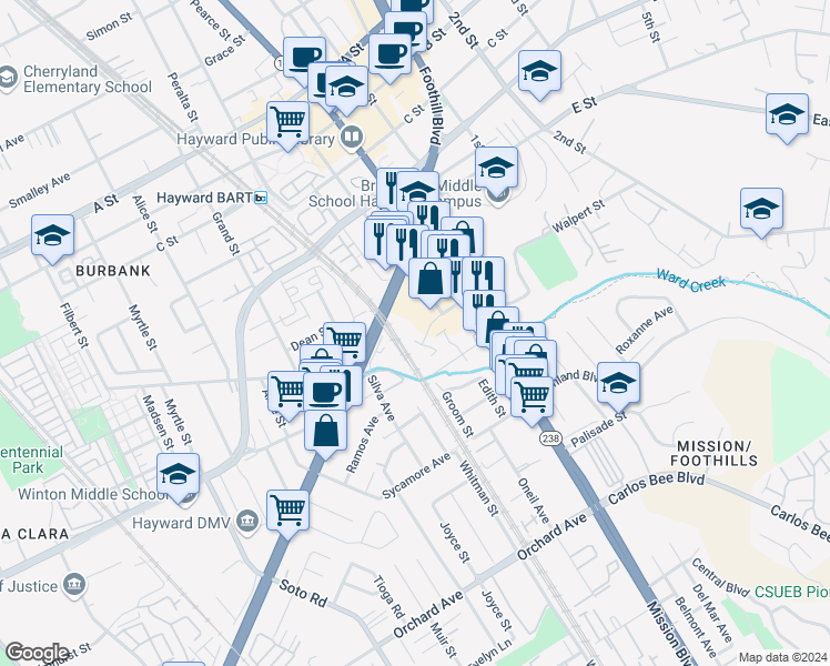 map of restaurants, bars, coffee shops, grocery stores, and more near 223 Fletcher Lane in Hayward