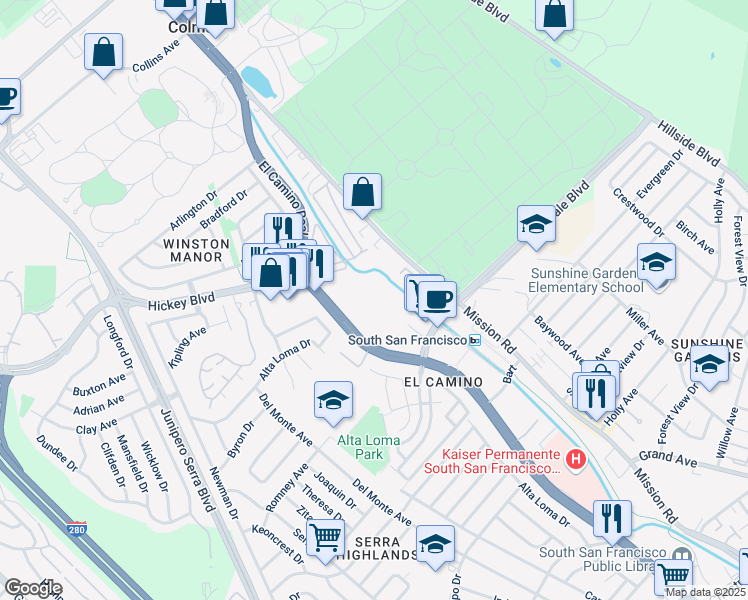 map of restaurants, bars, coffee shops, grocery stores, and more near 1600 California 82 in South San Francisco