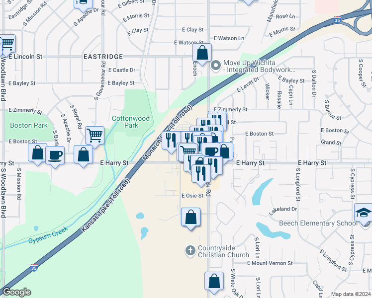 map of restaurants, bars, coffee shops, grocery stores, and more near 7800 East Harry Street in Wichita