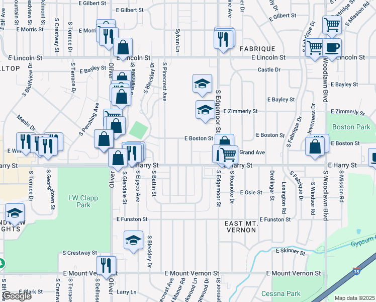 map of restaurants, bars, coffee shops, grocery stores, and more near 5410 East Harry Street in Wichita