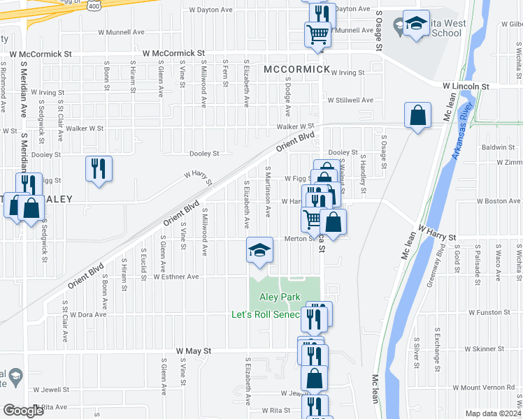 map of restaurants, bars, coffee shops, grocery stores, and more near 1628 South Martinson Street in Wichita