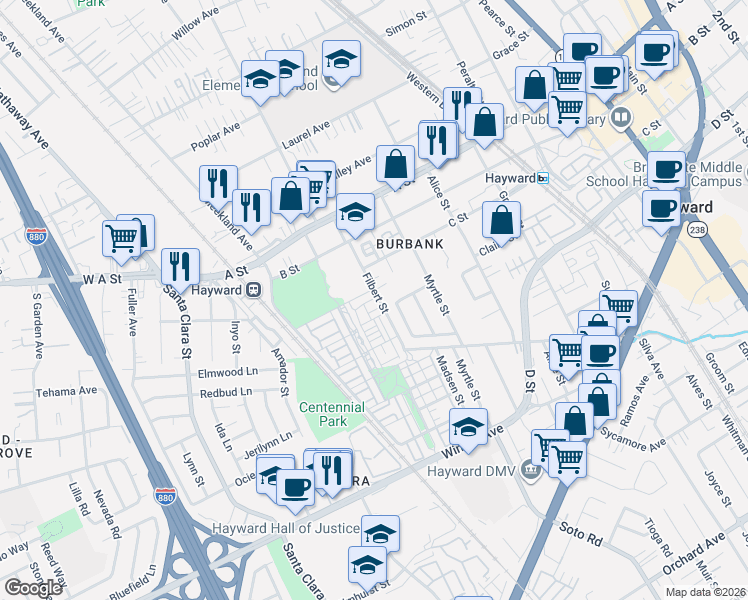 map of restaurants, bars, coffee shops, grocery stores, and more near 22759 Filbert Street in Hayward