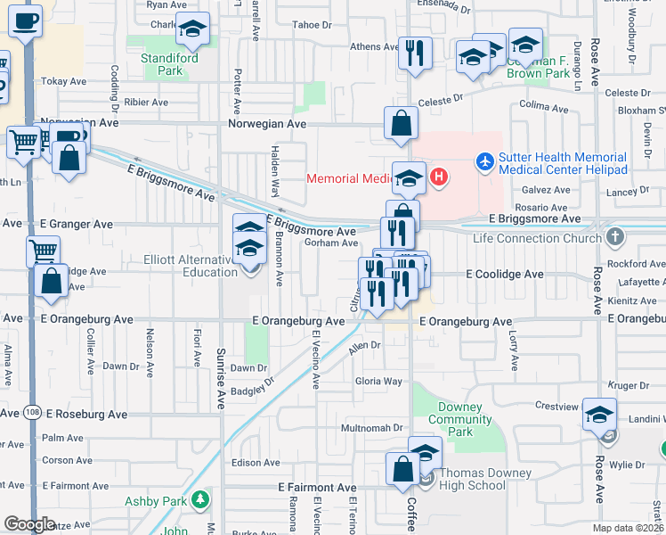 map of restaurants, bars, coffee shops, grocery stores, and more near 1100 Mandarin Court in Modesto