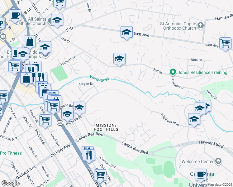 map of restaurants, bars, coffee shops, grocery stores, and more near 1332 Highland Boulevard in Hayward