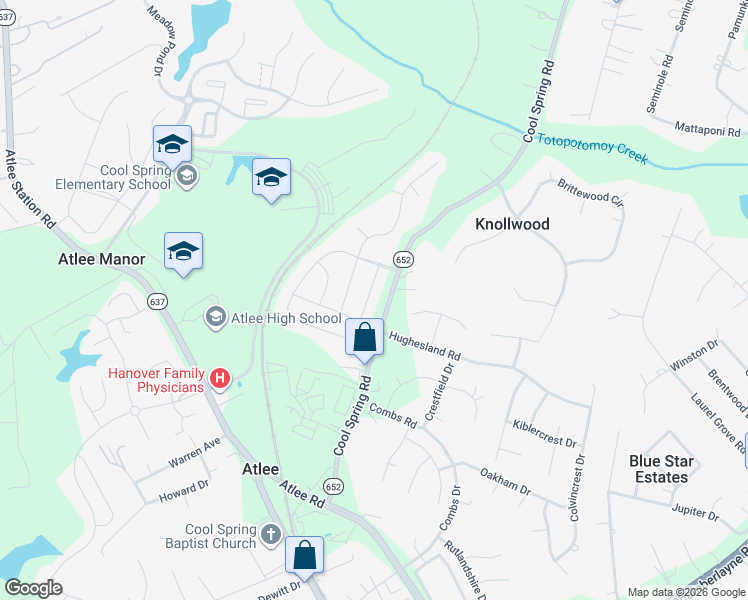 map of restaurants, bars, coffee shops, grocery stores, and more near 8803 Crestland Drive in Mechanicsville