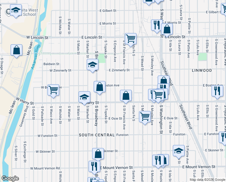 map of restaurants, bars, coffee shops, grocery stores, and more near 1534 South Topeka Avenue in Wichita