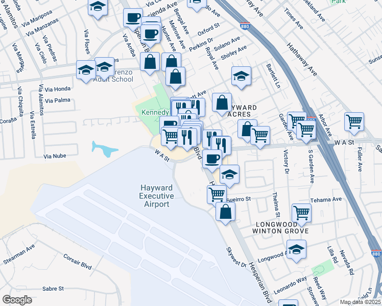 map of restaurants, bars, coffee shops, grocery stores, and more near 20525 Hesperian Boulevard in Hayward