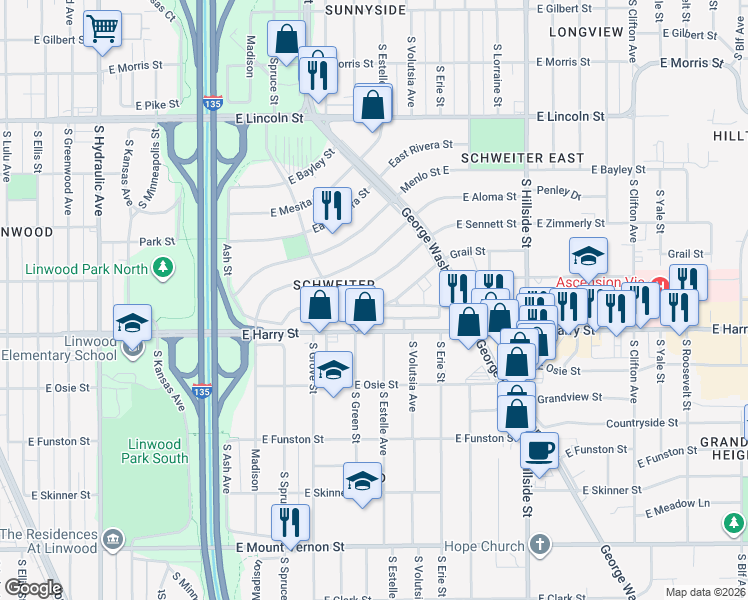 map of restaurants, bars, coffee shops, grocery stores, and more near 2702 East Harry Street in Wichita