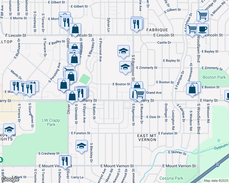 map of restaurants, bars, coffee shops, grocery stores, and more near 5410 East Harry Street in Wichita