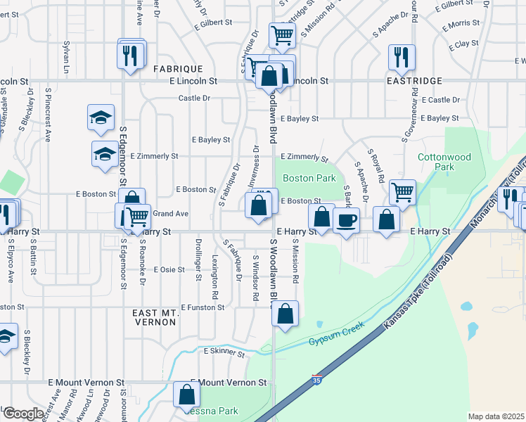 map of restaurants, bars, coffee shops, grocery stores, and more near 6310 East Harry Street in Wichita