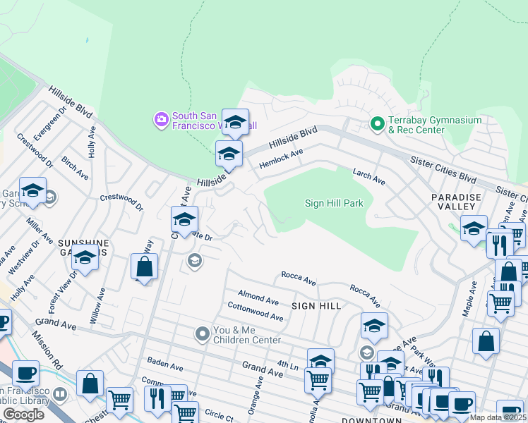 map of restaurants, bars, coffee shops, grocery stores, and more near 111 Carnelian Road in South San Francisco