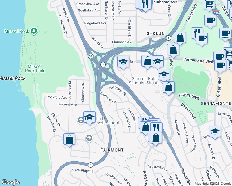 map of restaurants, bars, coffee shops, grocery stores, and more near 42 Eastridge Circle in Pacifica
