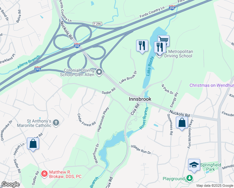 map of restaurants, bars, coffee shops, grocery stores, and more near 10945 Nuckols Road in Glen Allen