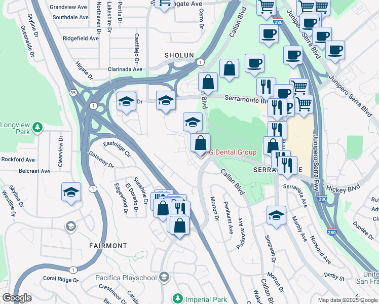 map of restaurants, bars, coffee shops, grocery stores, and more near 862 Campus Drive in Daly City