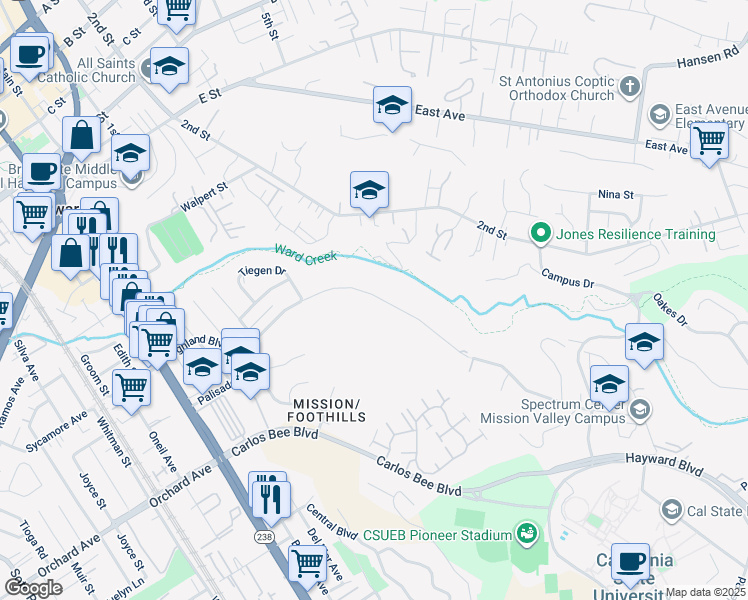 map of restaurants, bars, coffee shops, grocery stores, and more near 1390 Highland Boulevard in Hayward