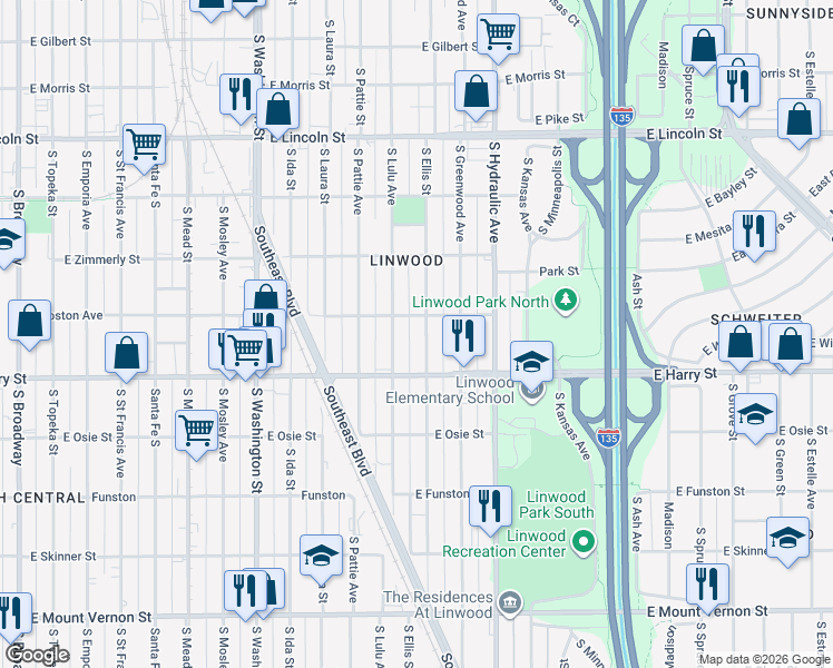 map of restaurants, bars, coffee shops, grocery stores, and more near in Wichita