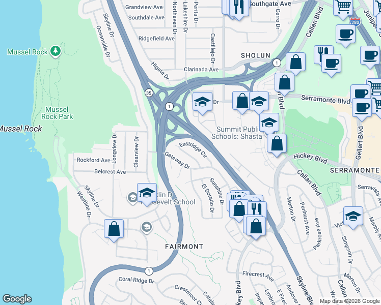 map of restaurants, bars, coffee shops, grocery stores, and more near 42 Eastridge Circle in Pacifica