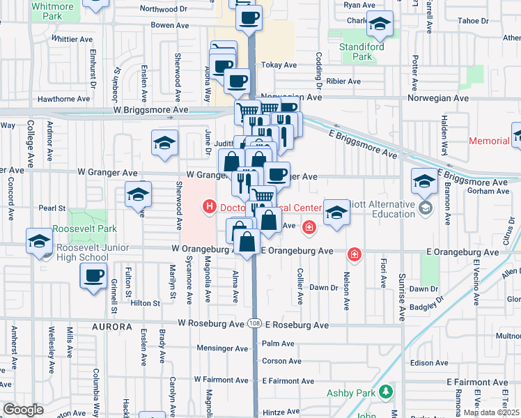 map of restaurants, bars, coffee shops, grocery stores, and more near 124 East Coolidge Avenue in Modesto