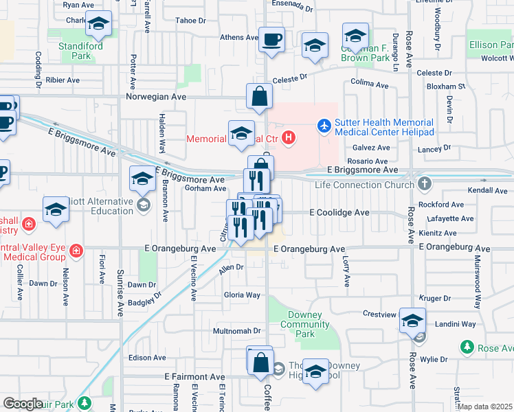 map of restaurants, bars, coffee shops, grocery stores, and more near 1433 Coffee Road in Modesto