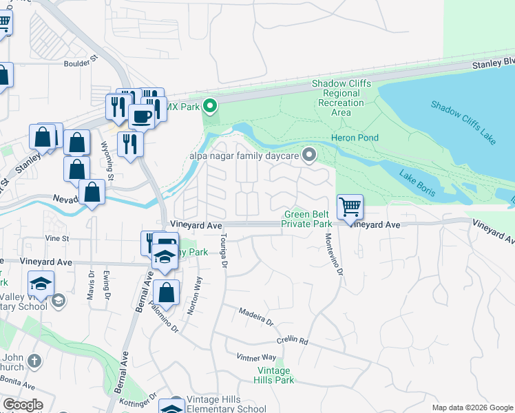 map of restaurants, bars, coffee shops, grocery stores, and more near 3195 Half Dome Drive in Pleasanton