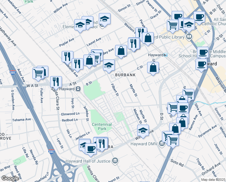 map of restaurants, bars, coffee shops, grocery stores, and more near 213 Burbank Street in Hayward