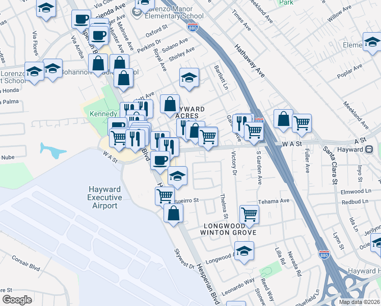 map of restaurants, bars, coffee shops, grocery stores, and more near 820 West A Street in Hayward