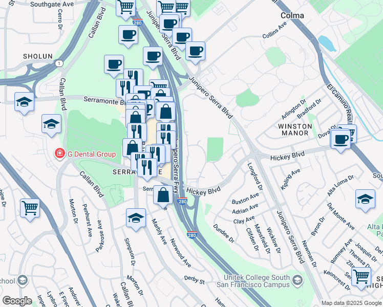 map of restaurants, bars, coffee shops, grocery stores, and more near 373 Half Moon Lane in Daly City