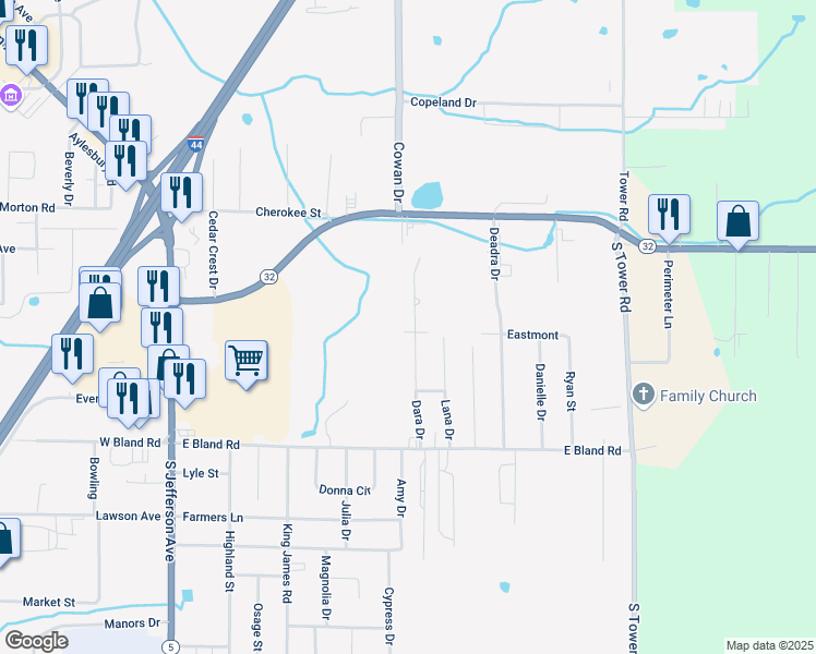 map of restaurants, bars, coffee shops, grocery stores, and more near 1335 Dara Drive in Lebanon