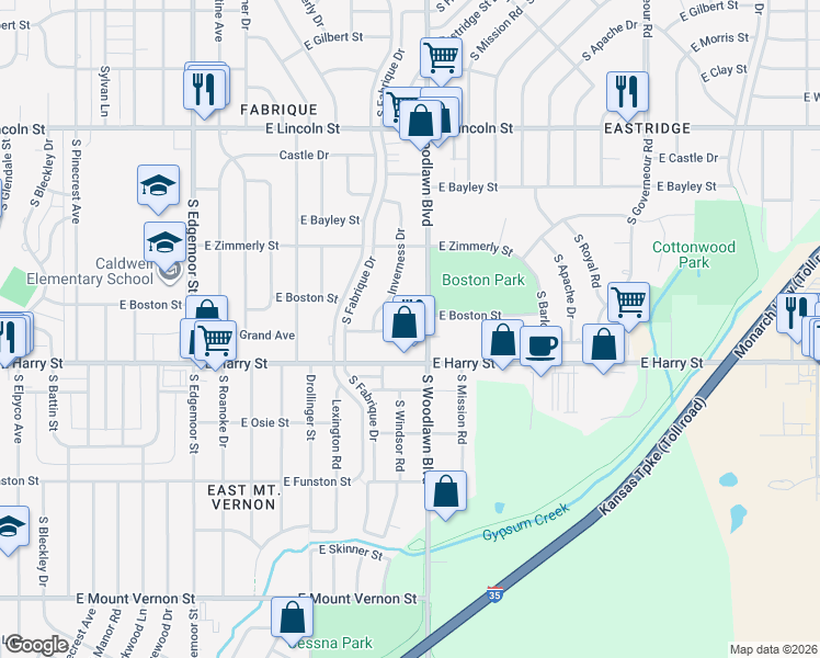 map of restaurants, bars, coffee shops, grocery stores, and more near 6310 East Harry Street in Wichita
