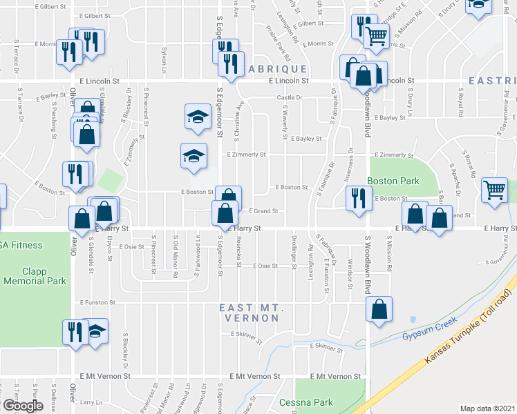 map of restaurants, bars, coffee shops, grocery stores, and more near 5732 East Harry Street in Wichita