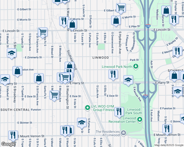 map of restaurants, bars, coffee shops, grocery stores, and more near 1553 South Lulu Street in Wichita