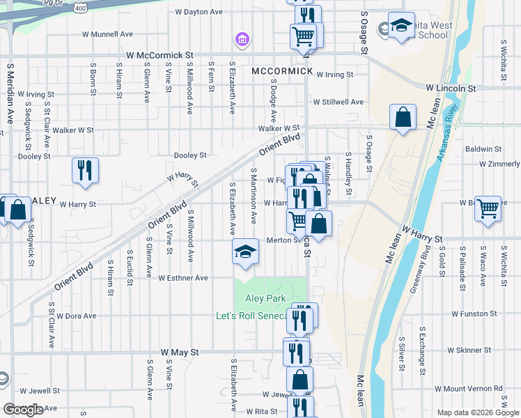 map of restaurants, bars, coffee shops, grocery stores, and more near 1628 South Martinson Street in Wichita