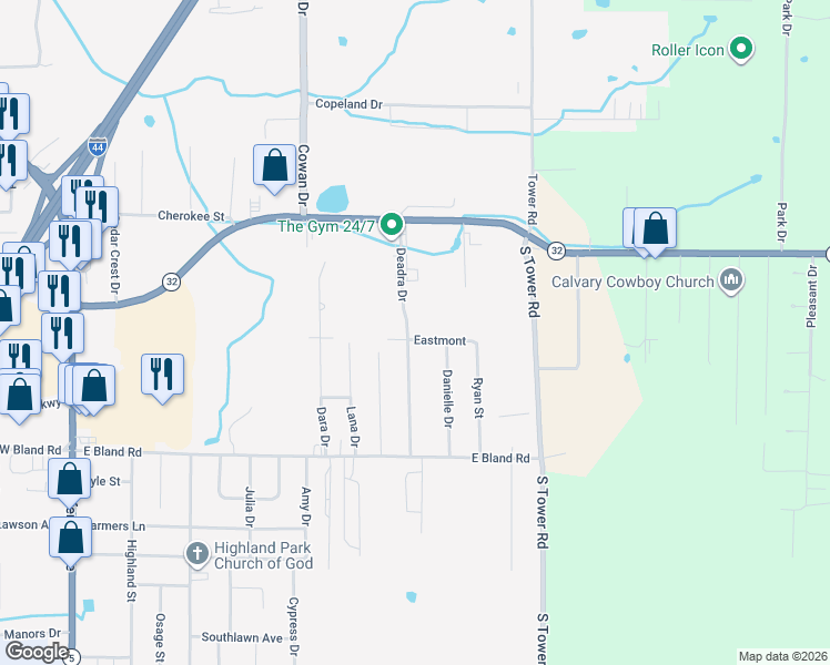 map of restaurants, bars, coffee shops, grocery stores, and more near 1425 Danielle Drive in Lebanon