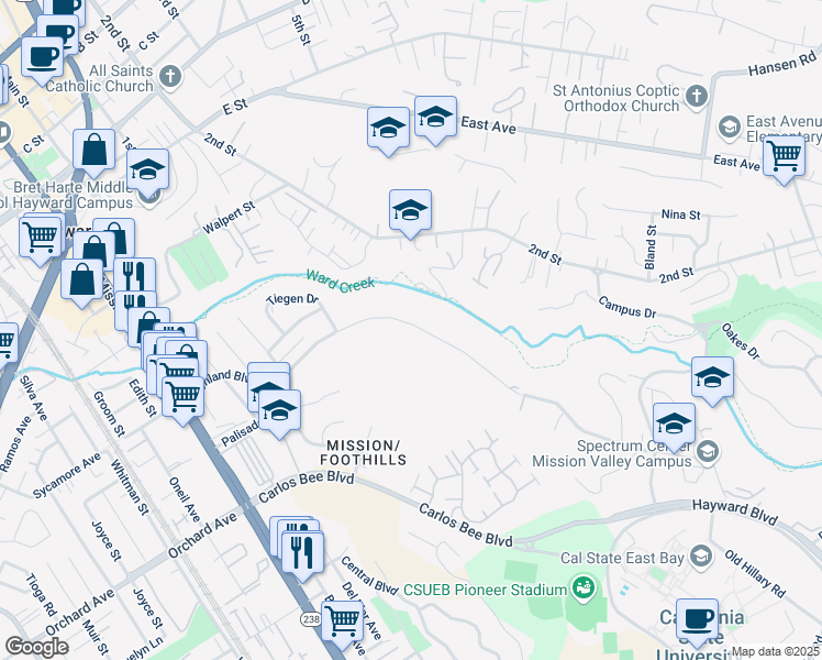 map of restaurants, bars, coffee shops, grocery stores, and more near 1380 Highland Boulevard in Hayward