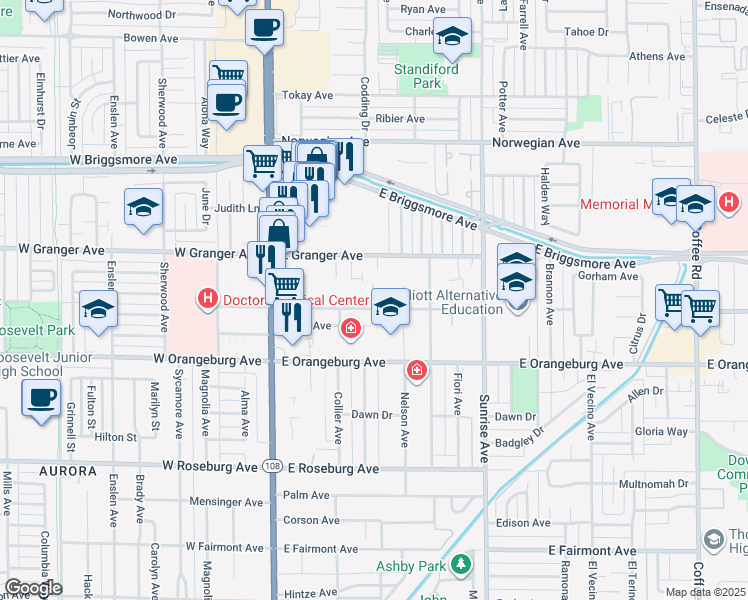 map of restaurants, bars, coffee shops, grocery stores, and more near 216 East Granger Avenue in Modesto