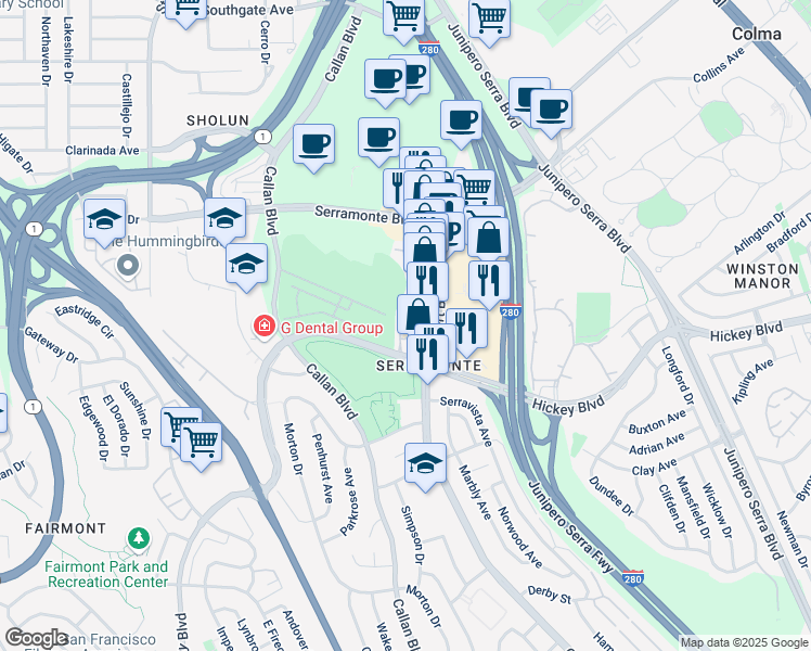 map of restaurants, bars, coffee shops, grocery stores, and more near 318 Innisfree Drive in Daly City
