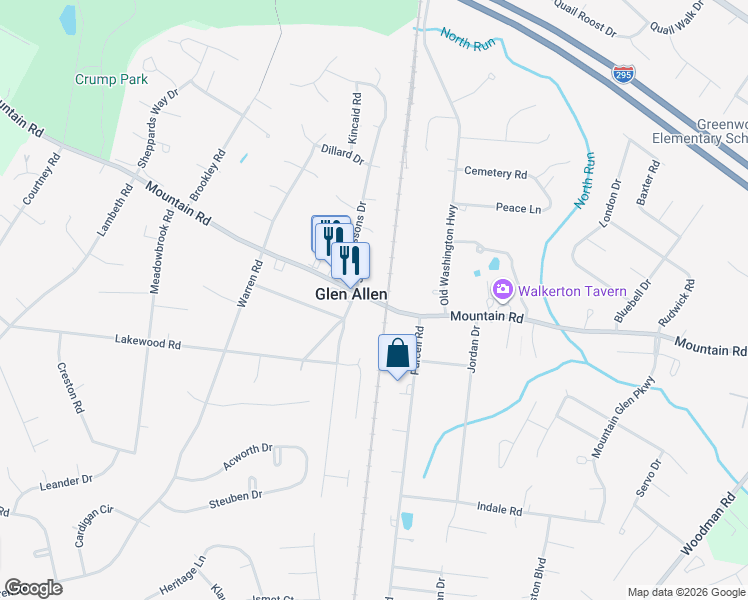 map of restaurants, bars, coffee shops, grocery stores, and more near 2992 Mountain Road in Glen Allen