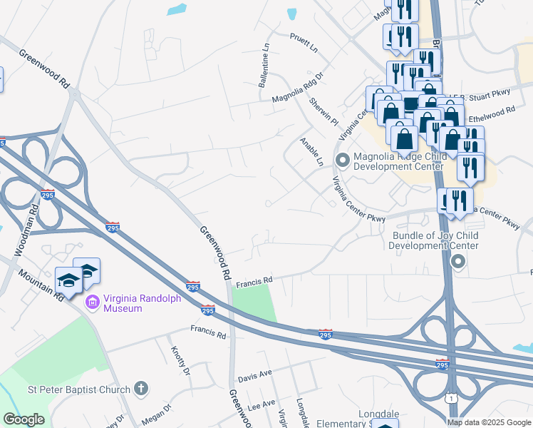 map of restaurants, bars, coffee shops, grocery stores, and more near 1837 Bellamy Place in Glen Allen