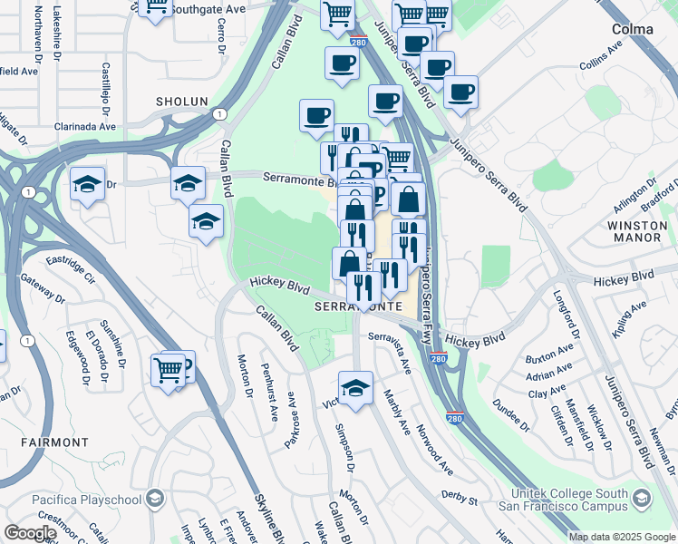 map of restaurants, bars, coffee shops, grocery stores, and more near 318 Innisfree Drive in Daly City