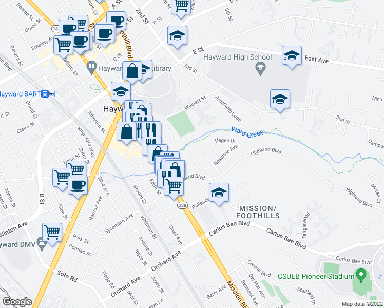 map of restaurants, bars, coffee shops, grocery stores, and more near 24412 Leona Drive in Hayward