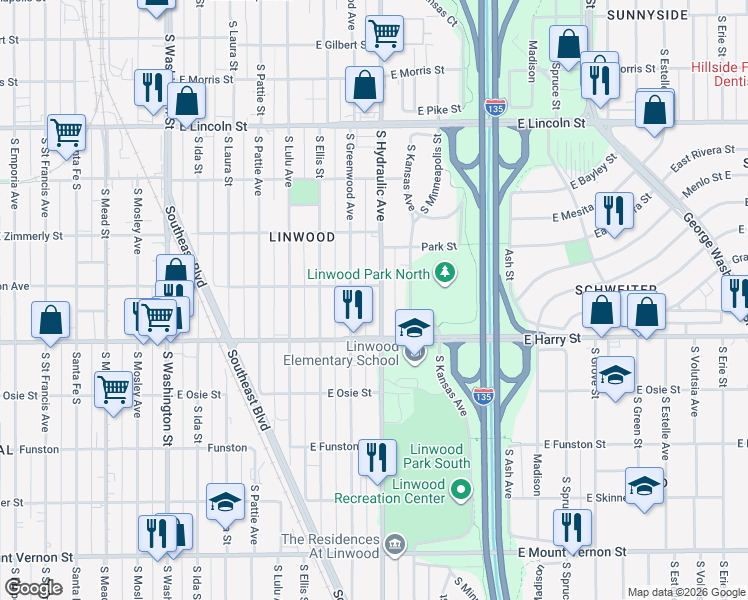 map of restaurants, bars, coffee shops, grocery stores, and more near 1444 South Hydraulic Avenue in Wichita