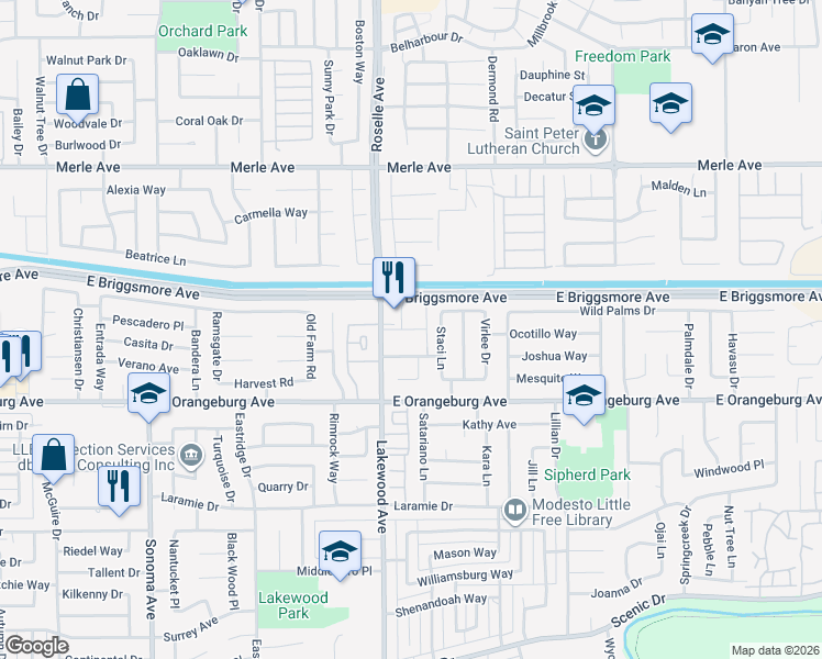 map of restaurants, bars, coffee shops, grocery stores, and more near 1529 Staci Lane in Modesto