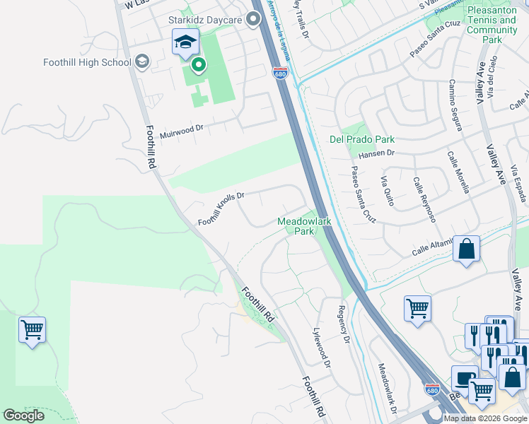 map of restaurants, bars, coffee shops, grocery stores, and more near 7836 Foothill Knolls Drive in Pleasanton
