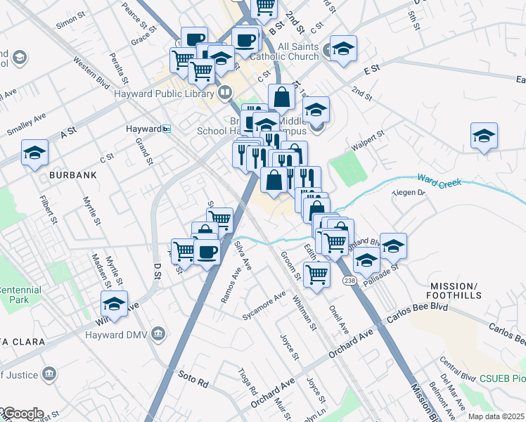 map of restaurants, bars, coffee shops, grocery stores, and more near 24089 Watkins Street in Hayward