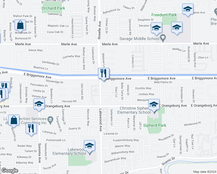 map of restaurants, bars, coffee shops, grocery stores, and more near 1529 Staci Lane in Modesto