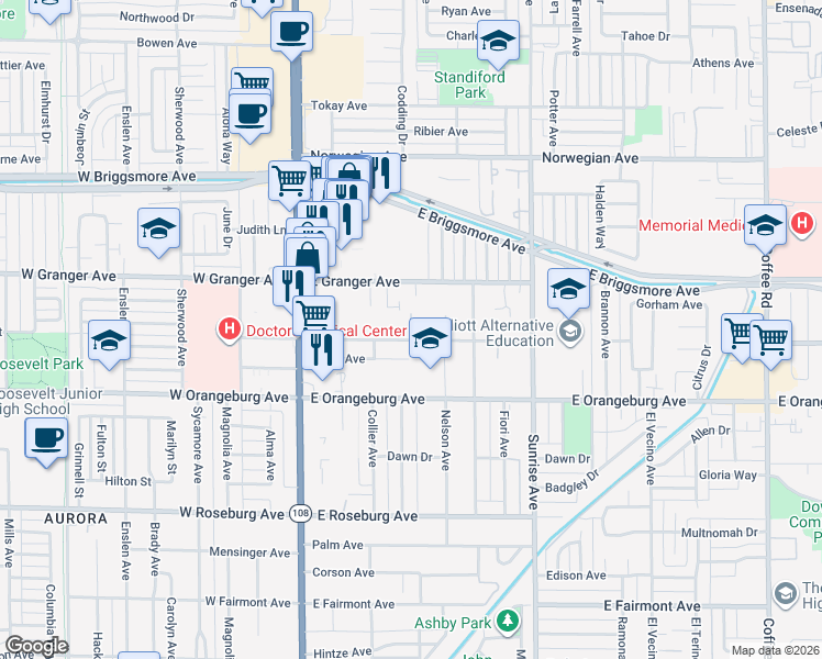 map of restaurants, bars, coffee shops, grocery stores, and more near 216 East Granger Avenue in Modesto