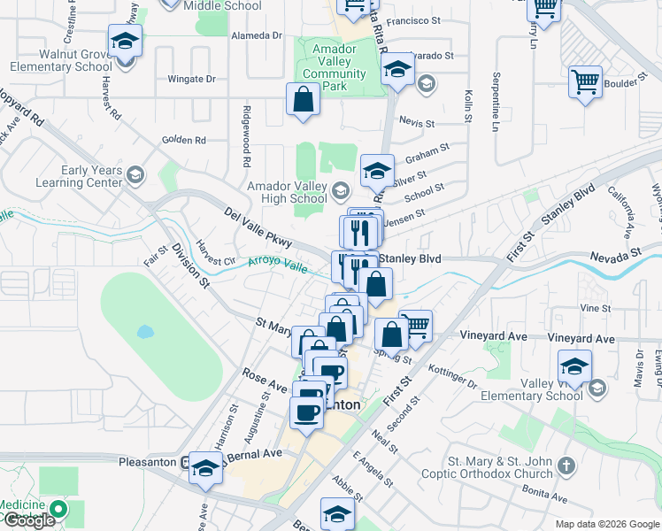 map of restaurants, bars, coffee shops, grocery stores, and more near in Pleasanton